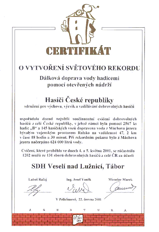Certifik�t o vytvo�en� sv�tov�ho rekordu 2001
